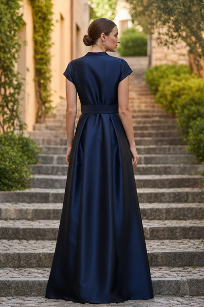 Floral Print A-Line Gown with Cap Sleeves and Belted Waist