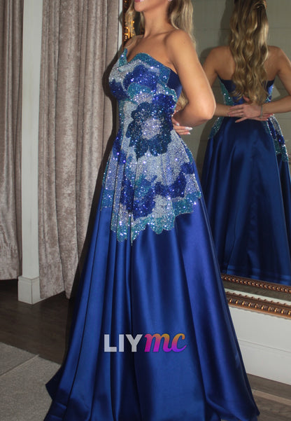 Strapless Beaded Sweetheart Satin A-Line Gown