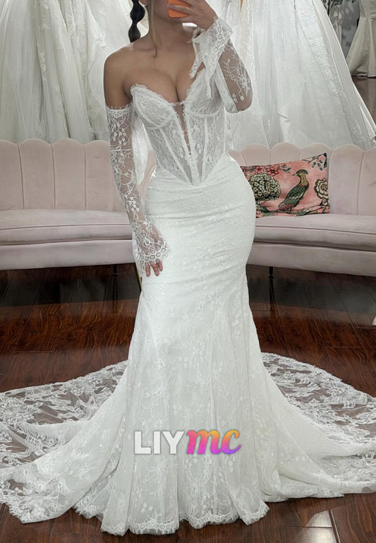 Off Shoulder Lace Long Sleeve Mermaid Wedding Dress