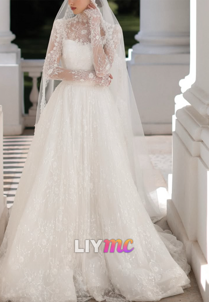 High Neck Lace Wedding Dress with Long Sleeves