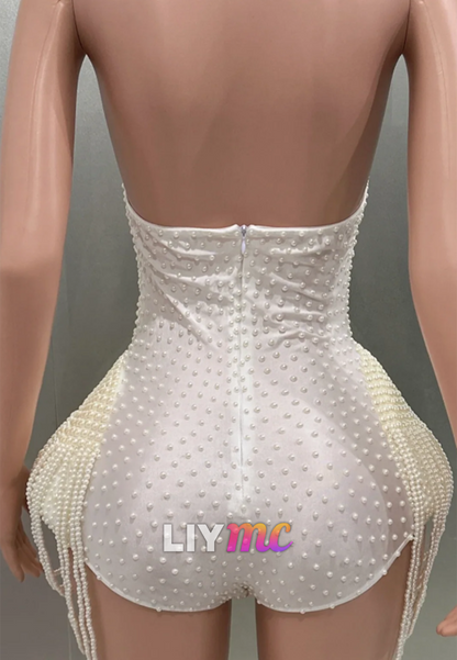 Strapless Pearl Embellished Corset Romper with Fringe