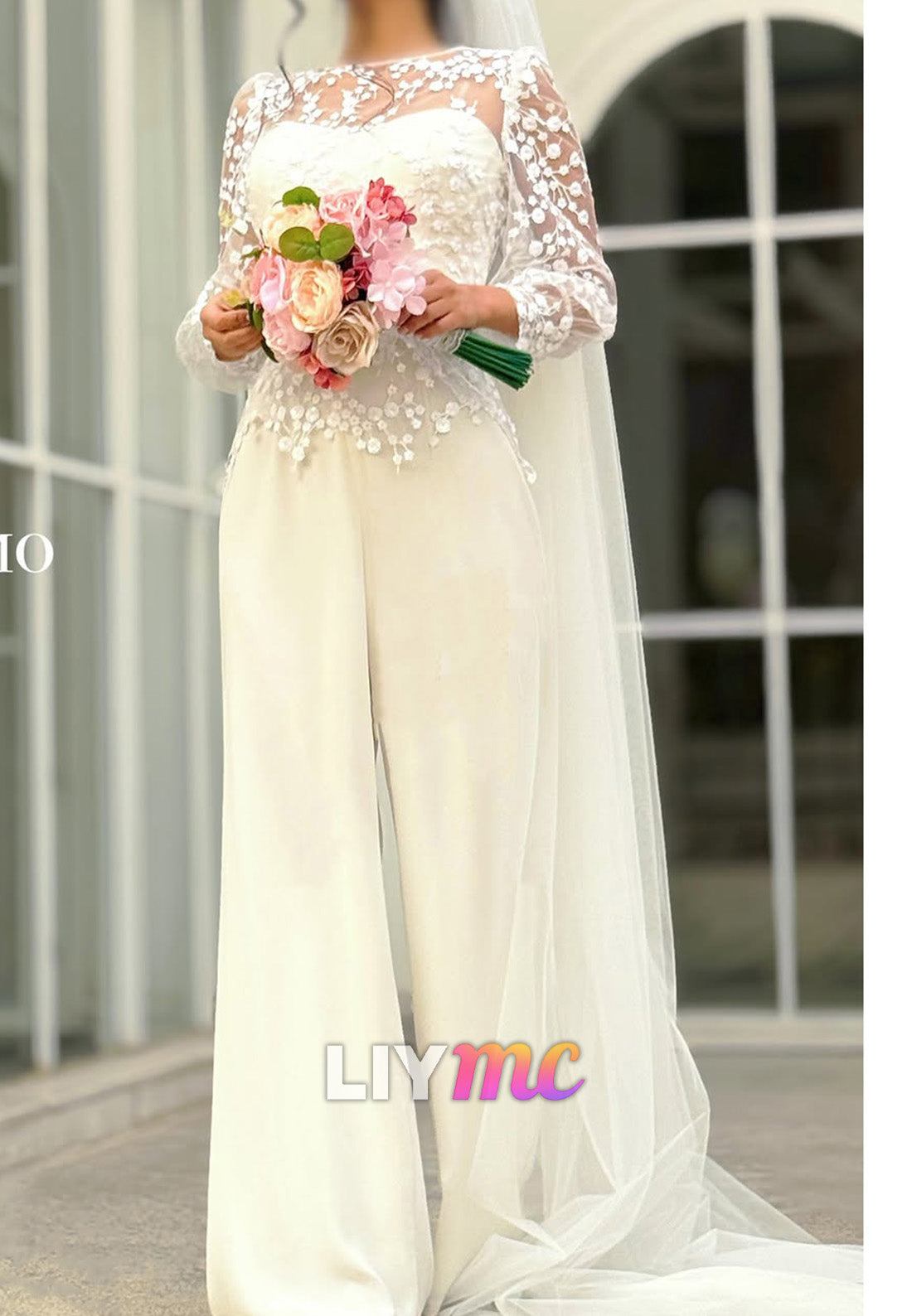 Lace Applique Bridal Jumpsuit with Tulle Overskirt