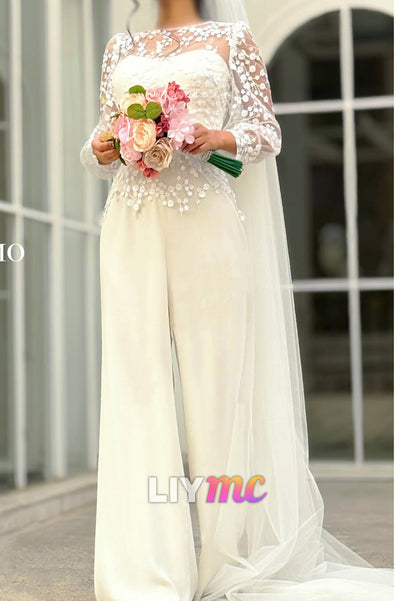 Lace Applique Bridal Jumpsuit with Tulle Overskirt