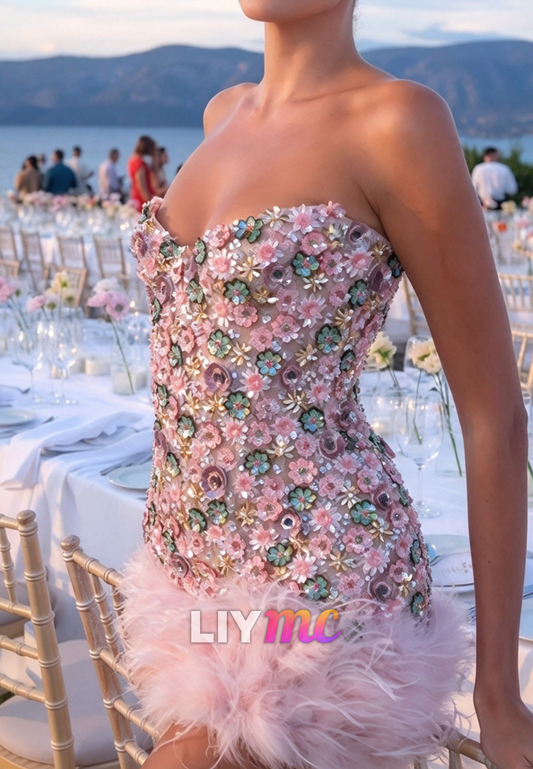 3D Floral Embellished Strapless Mini Dress with Feather Hem
