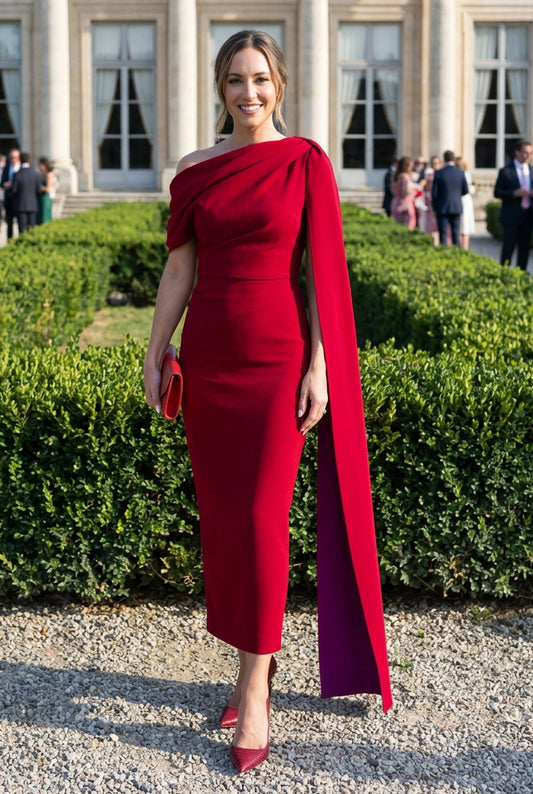 One-Shoulder Column Midi Dress with Cape Sleeve