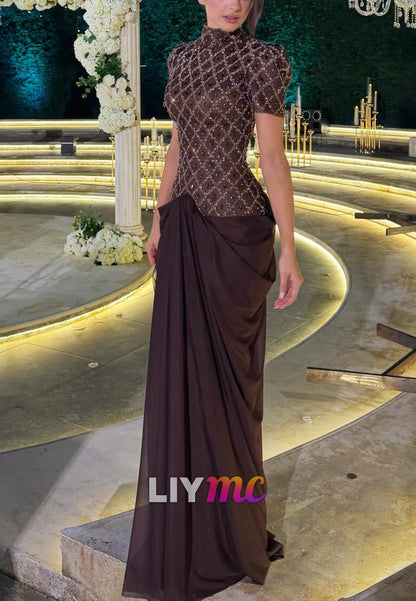 Beaded High-Neck Evening Gown with Side Draping