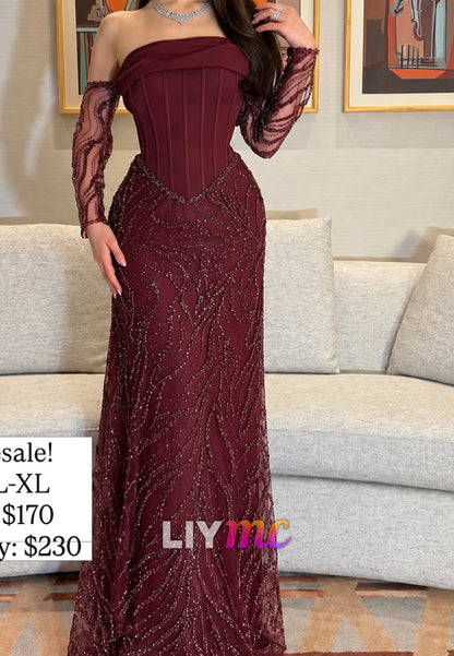 Corset Bodice Embellished Evening Gown with Sleeves