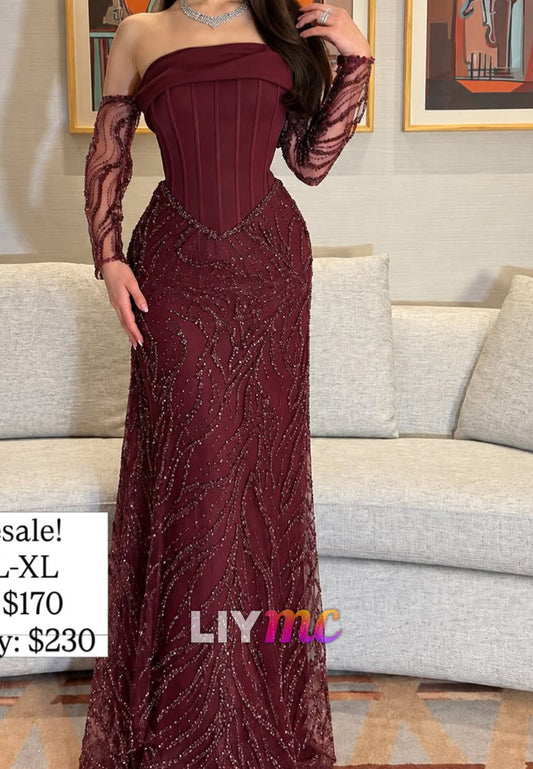 Corset Bodice Embellished Evening Gown with Sleeves