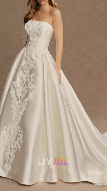 Strapless Satin Ball Gown with Lace Applique