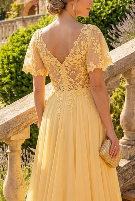 Flutter Sleeve Floral Appliqué Maxi Gown