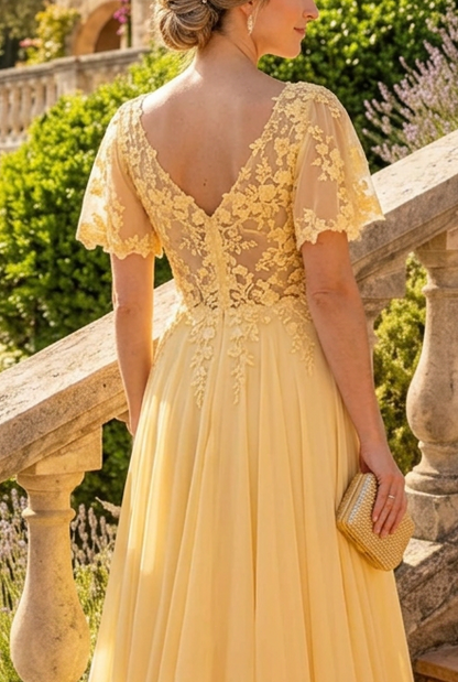 Flutter Sleeve Floral Appliqué Maxi Gown