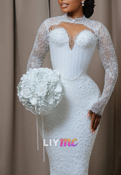 Pearl-Beaded Mermaid Wedding Gown with Illusion High Neck