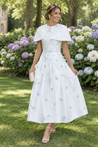Heart Pattern Drop-Waist Midi Dress with Cape