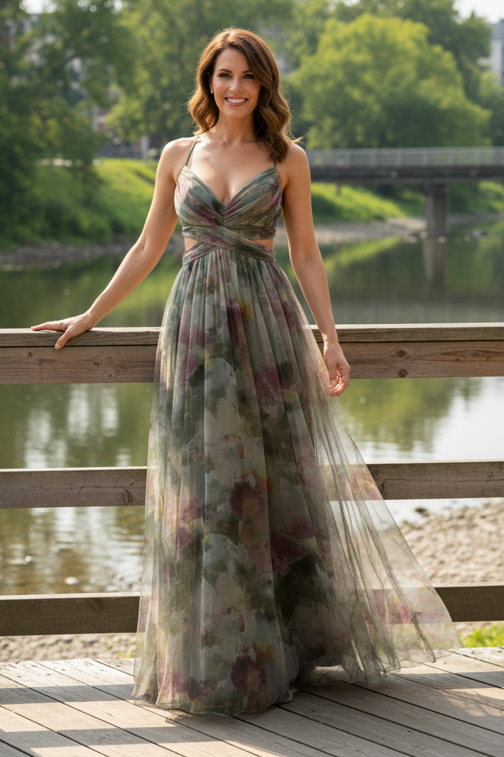 Printed Tulle A-Line Evening Gown with Slit