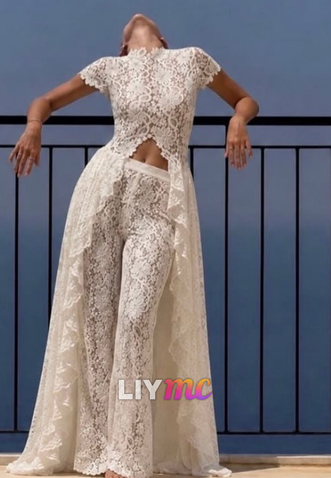 Sheer Lace Cutout Top and Wide-Leg Pants Set