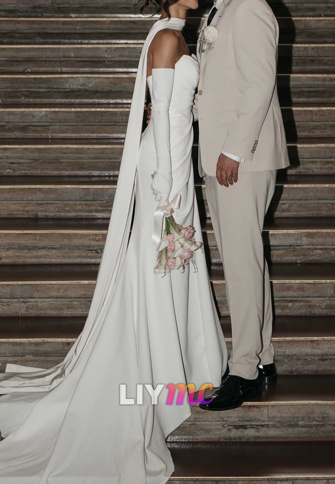 Strapless Ruched Wedding Dress with Neck Scarf