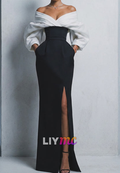 Off-the-Shoulder Corset Evening Gown with Slit