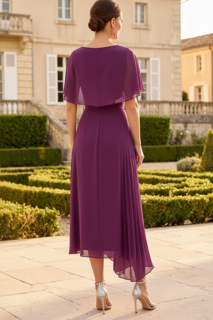Asymmetrical Pleated Midi Dress with Capelet Bodice
