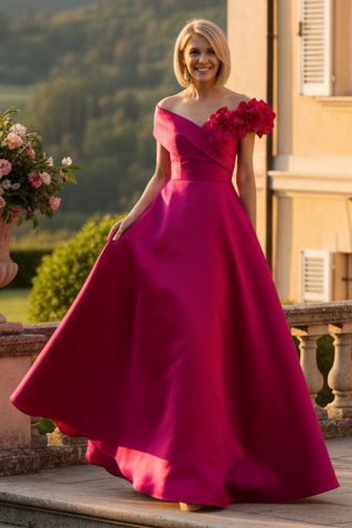 Off-the-Shoulder 3D Floral Satin A-Line Gown