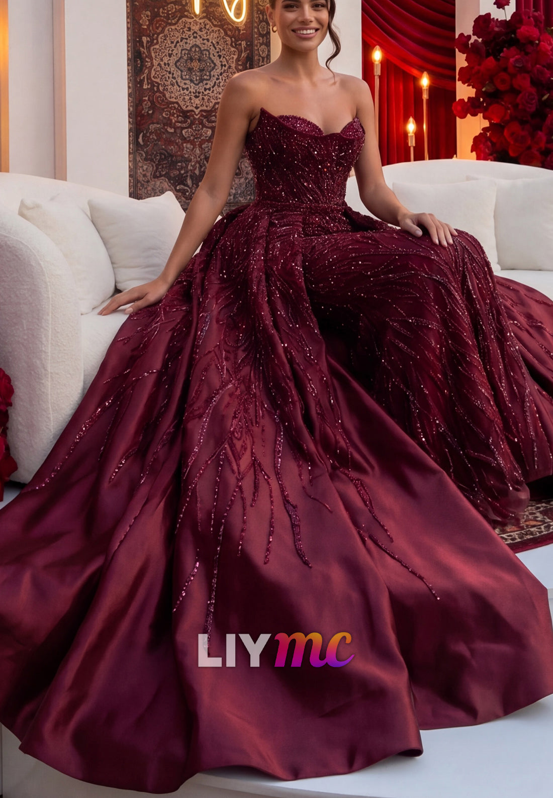 Strapless Sweetheart Beaded Evening Gown with Overskirt