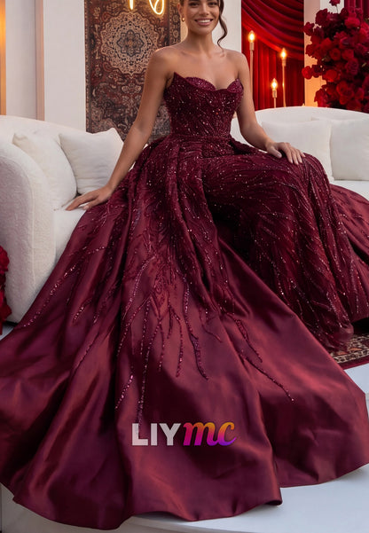 Strapless Sweetheart Beaded Evening Gown with Overskirt