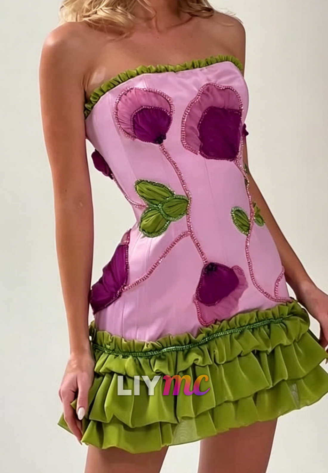 Strapless Corset Mini Dress with 3D Floral Appliques