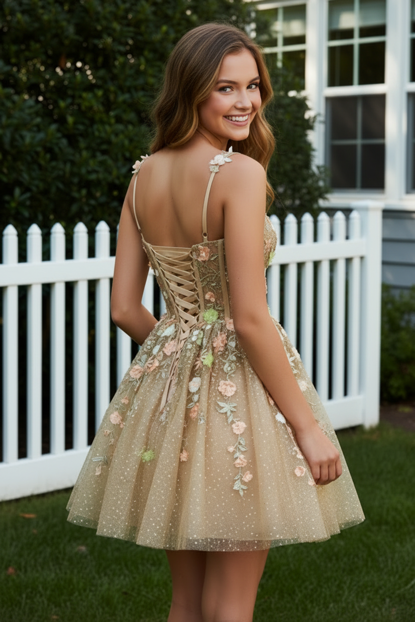 3D Floral Corset A-Line Short Prom Dress