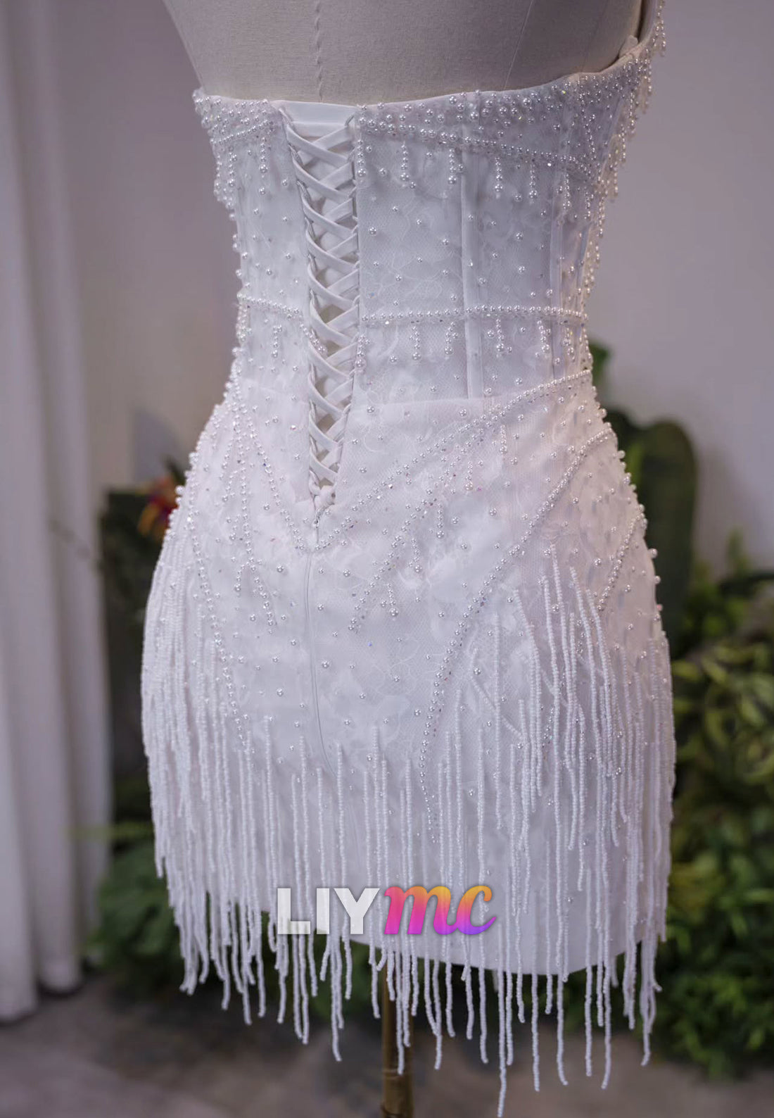 Strapless Beaded Fringe Mini Wedding Dress