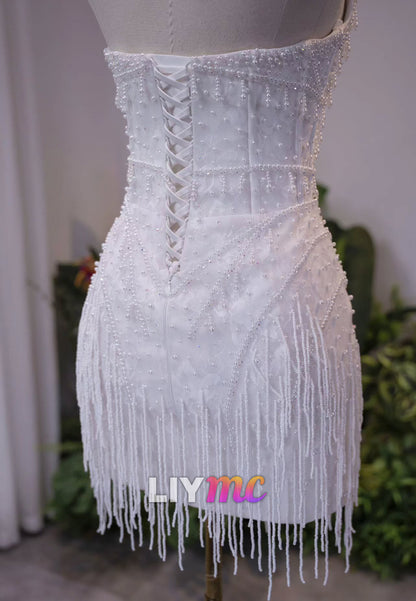 Strapless Beaded Fringe Mini Wedding Dress