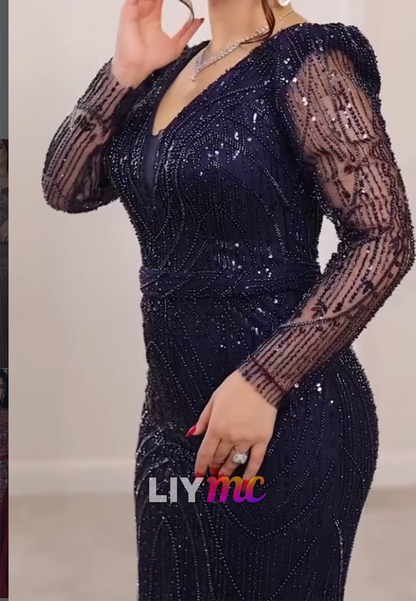 Beaded Sequin Mermaid Evening Gown Long Sleeve