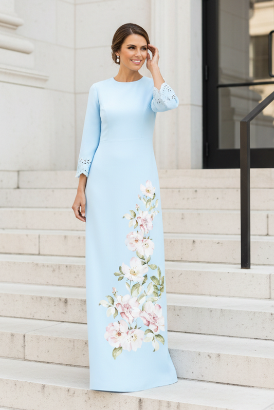Floral Print Sheath Maxi Dress with Bell Sleeves