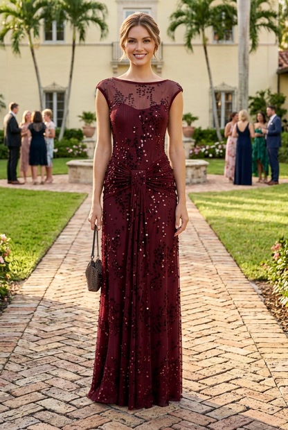 Sequined Illusion Neck Maxi Dress with Gathered Waist