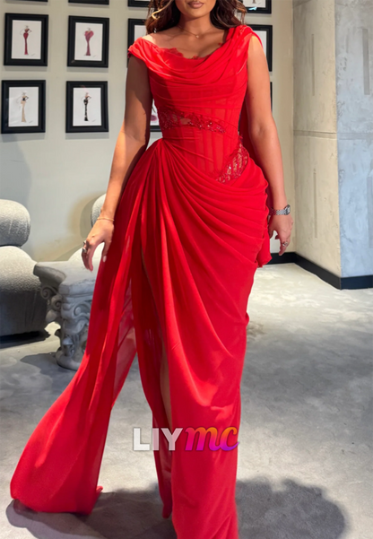 Off-Shoulder Draped Illusion Waist Slit Evening Gown