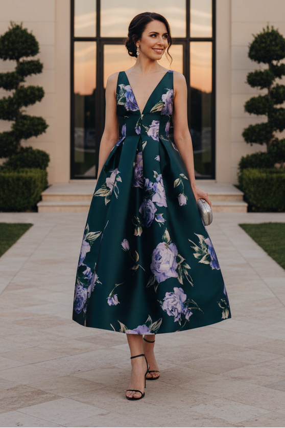 Floral Print Deep V-Neck Pleated Tea-Length Dress