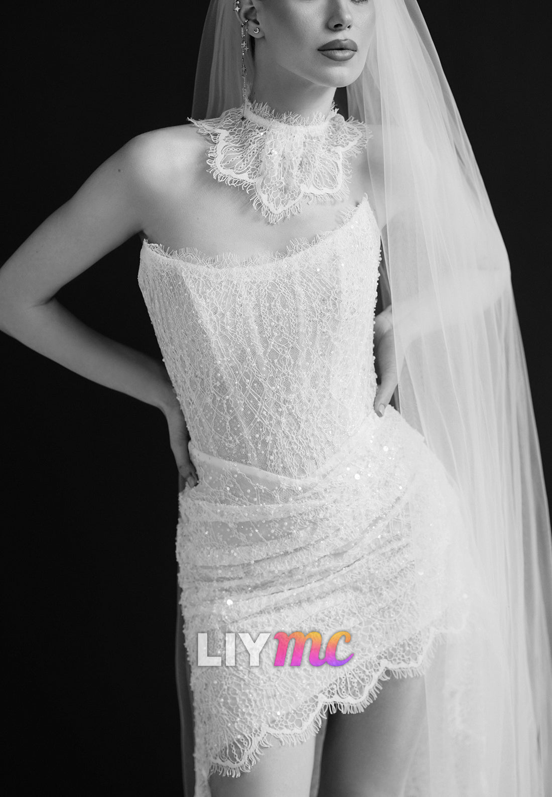 Strapless Ruched Lace Corset Mini Wedding Dress
