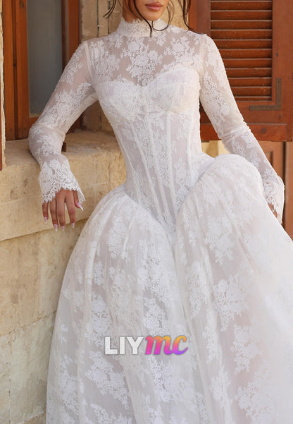 High Neck Lace Corset Ball Gown Wedding Dress