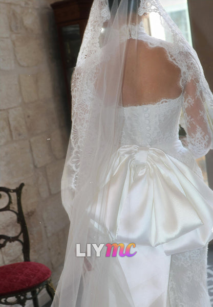 High Neck Lace Long Sleeve Wedding Dress with Satin Bow