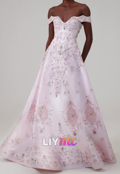 Off-the-Shoulder Beaded Embroidered Ball Gown