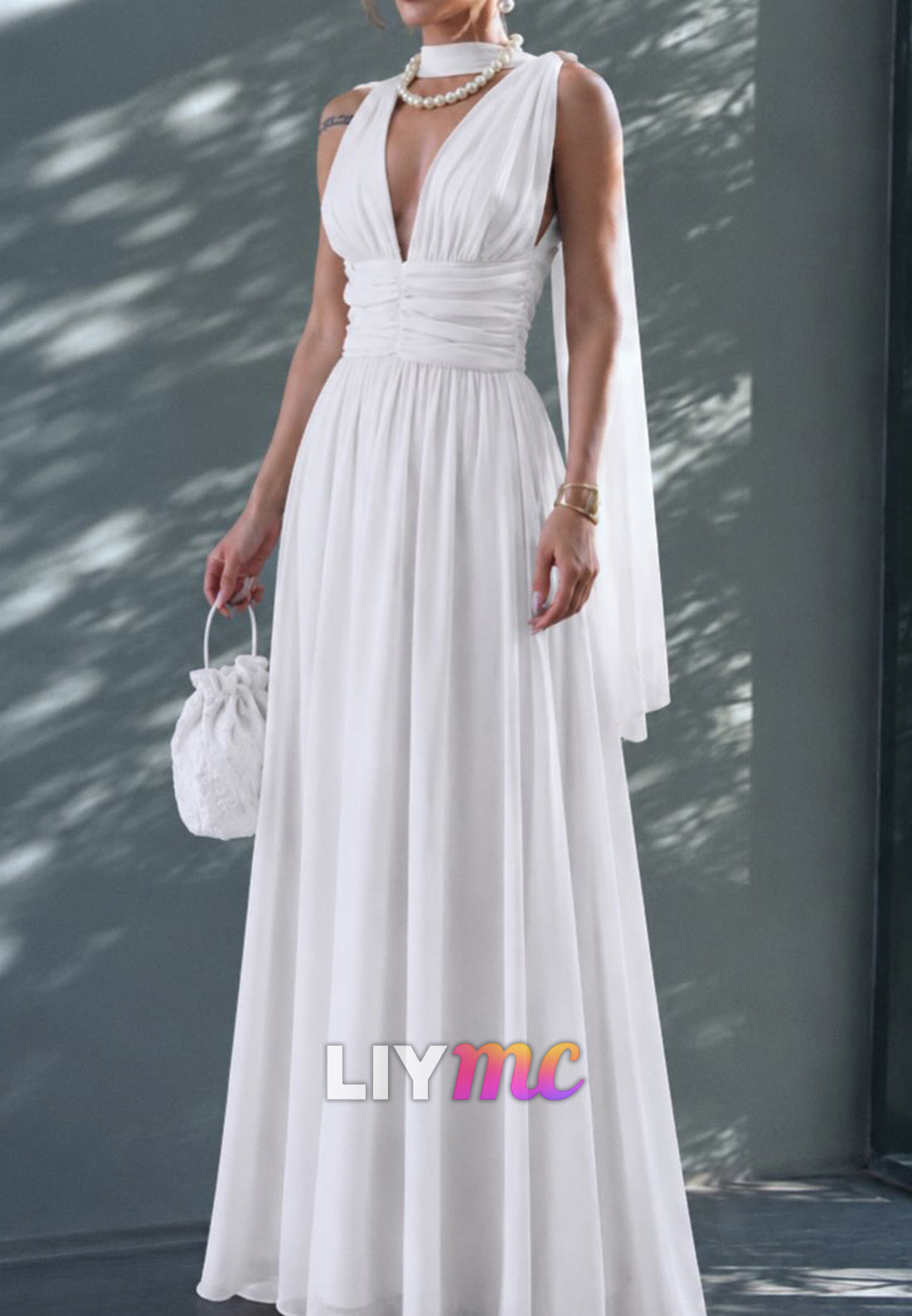 Plunging V-Neck Chiffon A-Line Bridal Gown with Cape
