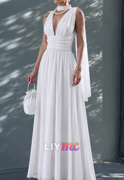 Plunging V-Neck Chiffon A-Line Bridal Gown with Cape