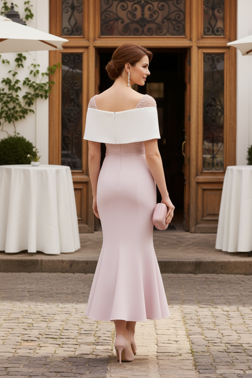 Off-the-Shoulder Mermaid Midi Dress with Pearl Beading