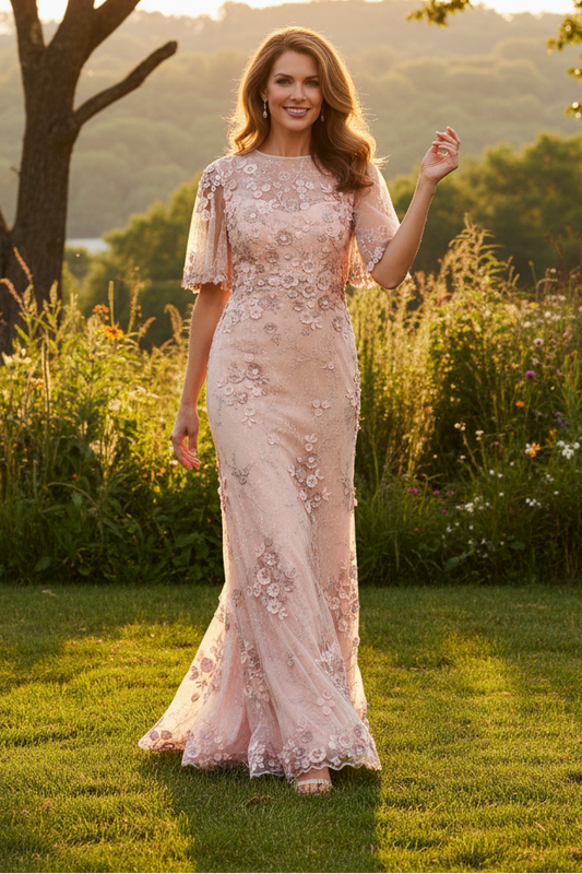 3D Floral Applique Flutter Sleeve Evening Gown