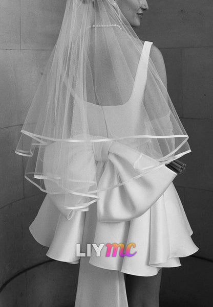 Square Neck Sleeveless Mini Wedding Dress with Bow Back