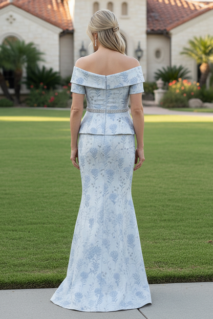 Floral Jacquard Peplum Mermaid Evening Dress