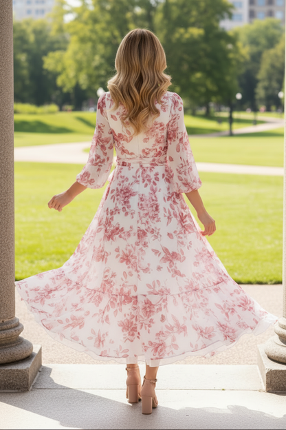 Floral V-Neck High-Low Chiffon Midi Dress