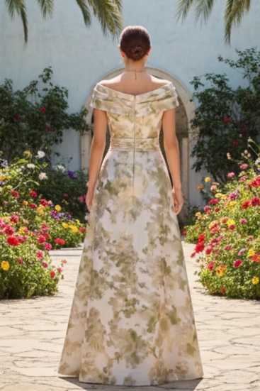 Off-the-Shoulder Floral Print A-Line Evening Gown