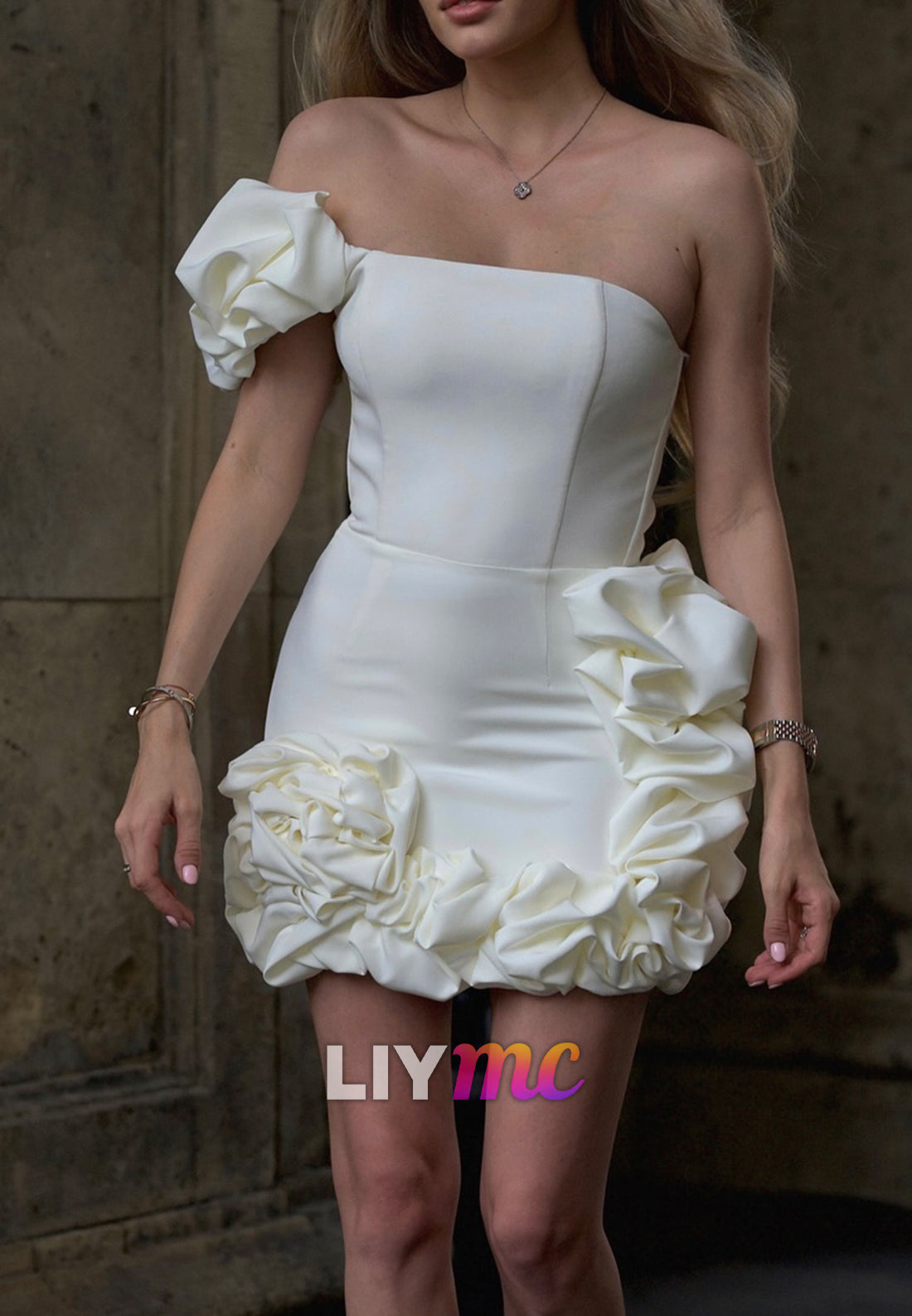 One Shoulder Mini Dress with 3D Rosette Details