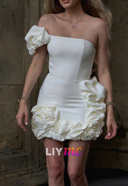 One Shoulder Mini Dress with 3D Rosette Details
