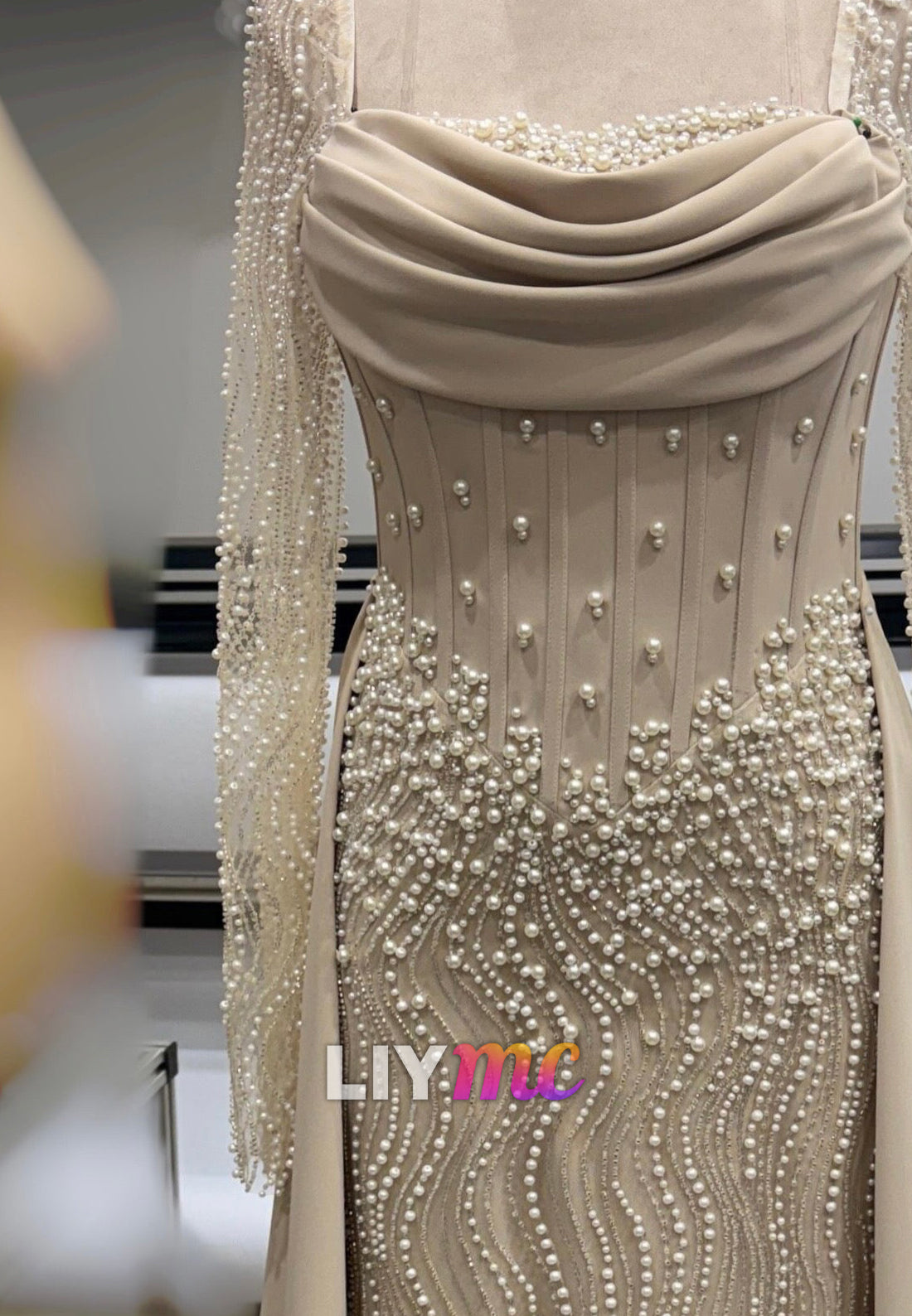 Pearl Embellished Long Sleeve Gown with Overskirt