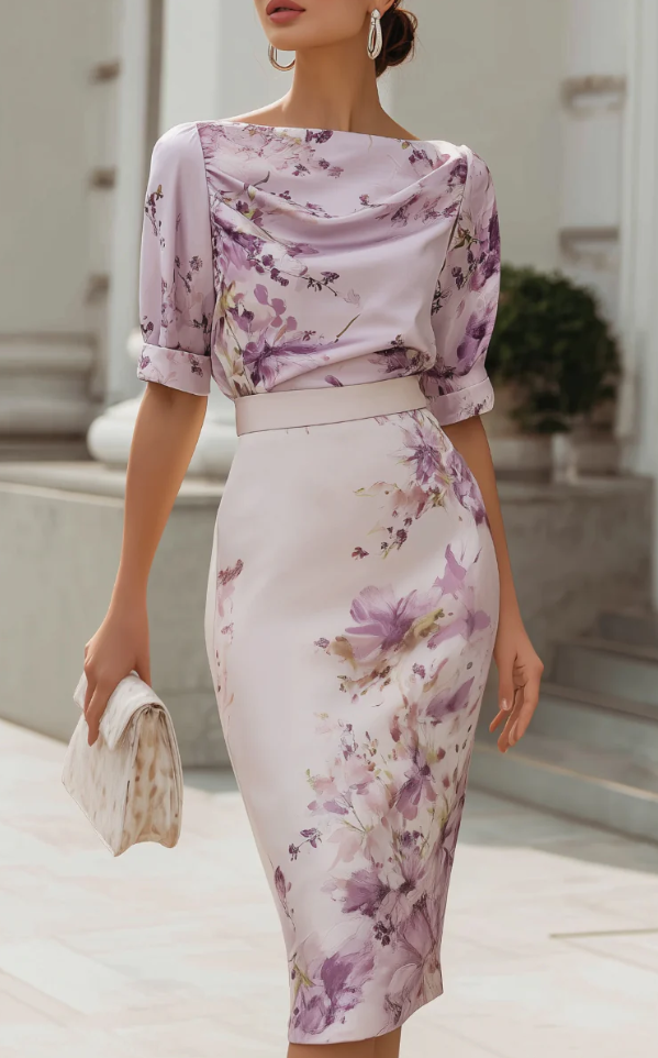 Floral Cowl Neck Midi Sheath Dress